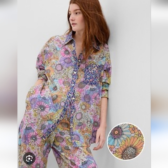 GAP Other - Gap Cotton Poplin Floral PJ Lounge Set Long Sleeve Button Down Drawstring Pant S